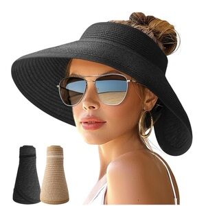 NWT Women’s Wide Brim Roll-Up Beach Ponytail Hat 2-Pack | Black & Khaki